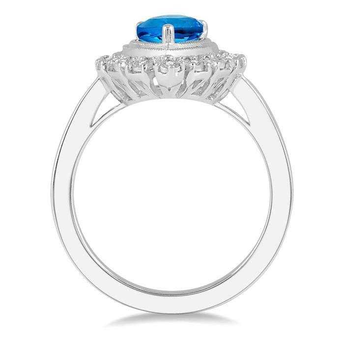 9x6 MM Pear Shape Blue Topaz and 1/10 Ctw Lattice Round Cut Diamond Semi-Precious Ring in 10K White Gold