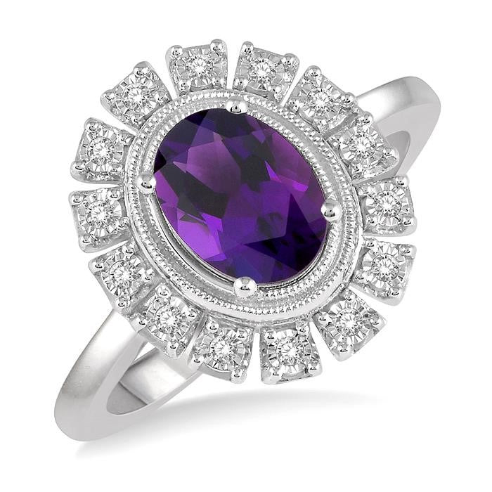 8x6 MM Oval Shape Amethyst and 1/10 Ctw Lattice Round Cut Diamond Semi-Precious Ring in 10K White Gold