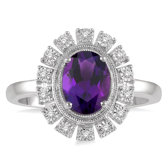 8x6 MM Oval Shape Amethyst and 1/10 Ctw Lattice Round Cut Diamond Semi-Precious Ring in 10K White Gold