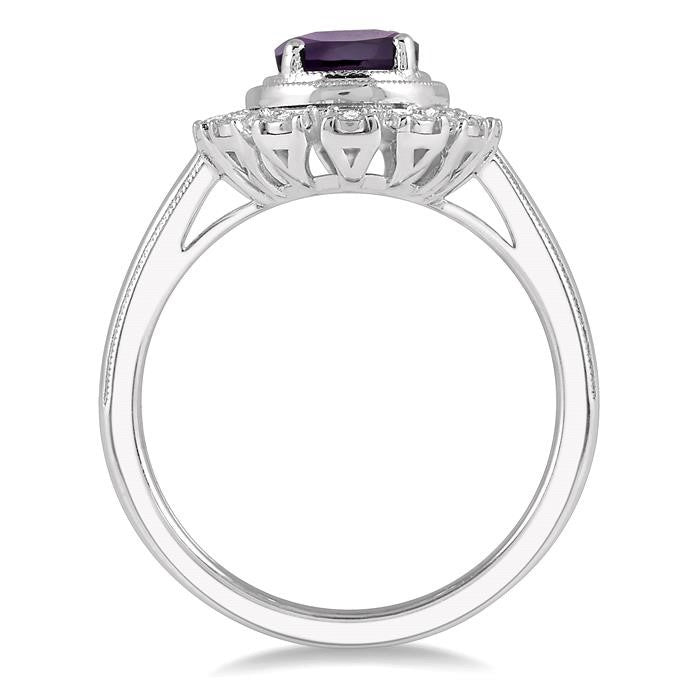 8x6 MM Oval Shape Amethyst and 1/10 Ctw Lattice Round Cut Diamond Semi-Precious Ring in 10K White Gold