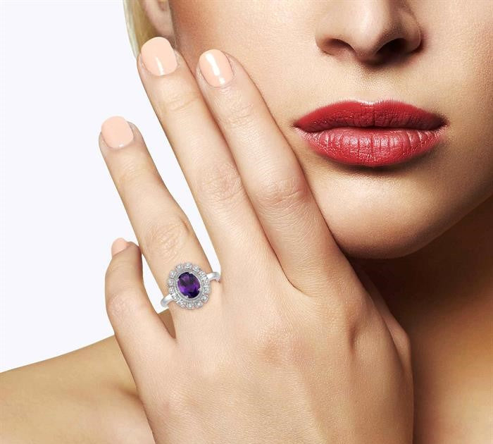 8x6 MM Oval Shape Amethyst and 1/10 Ctw Lattice Round Cut Diamond Semi-Precious Ring in 10K White Gold