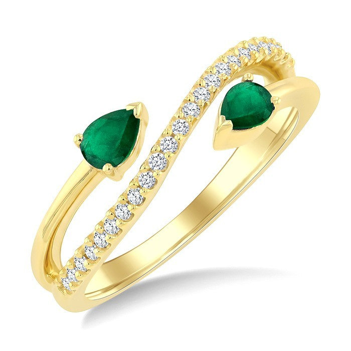 4X3 MM Pear Shape Emerald and 1/6 Ctw Round Cut Diamond Precious Ring in 10K Yellow Gold