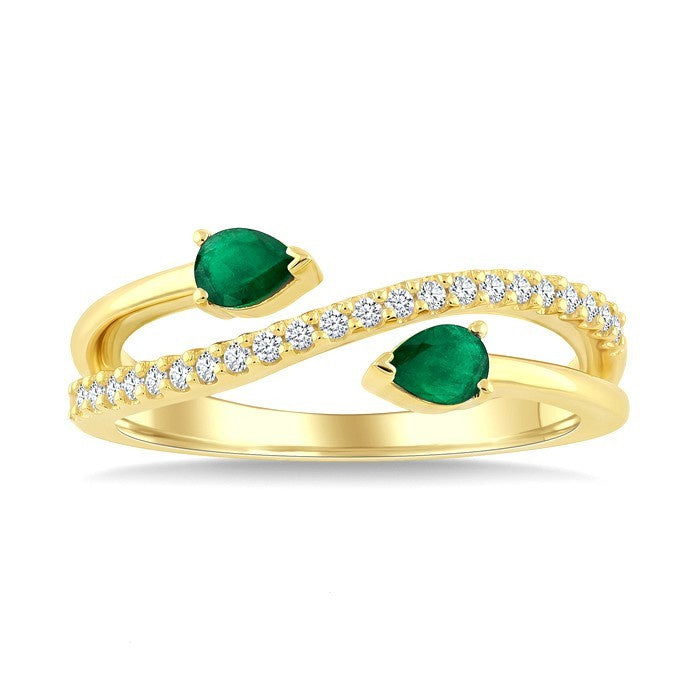 4X3 MM Pear Shape Emerald and 1/6 Ctw Round Cut Diamond Precious Ring in 10K Yellow Gold