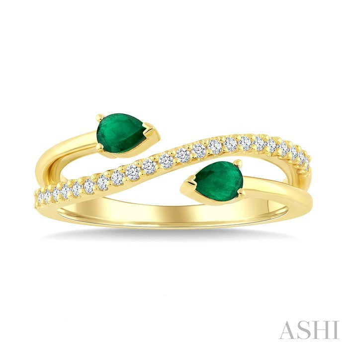4X3 MM Pear Shape Emerald and 1/6 Ctw Round Cut Diamond Precious Ring in 10K Yellow Gold
