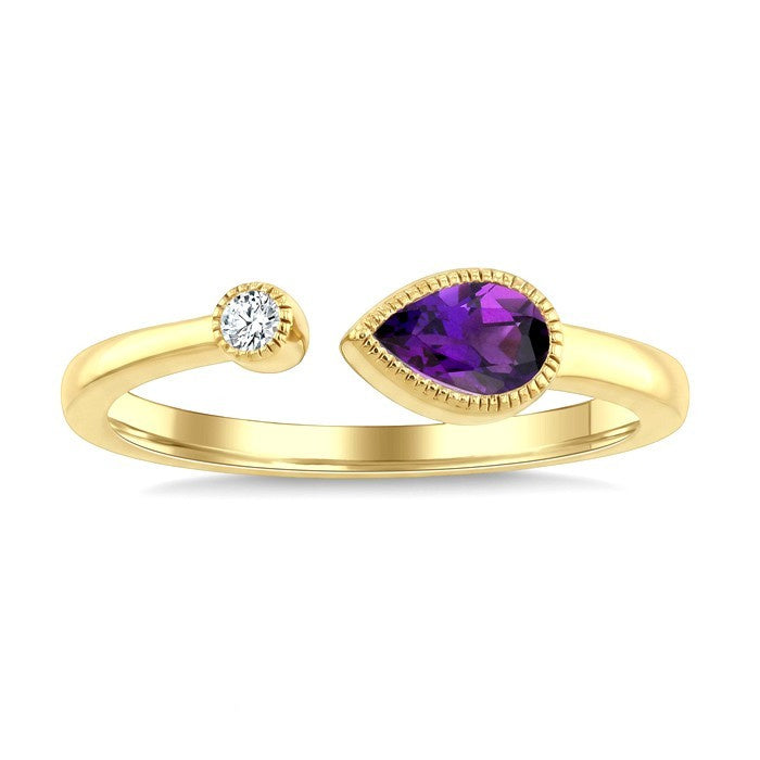 6X4 MM Pear Cut Amethyst and 1/50 Ctw Round Cut Diamond Semi-Precious Open Ring in 10K Yellow Gold