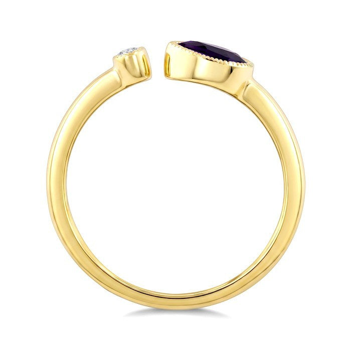 6X4 MM Pear Cut Amethyst and 1/50 Ctw Round Cut Diamond Semi-Precious Open Ring in 10K Yellow Gold