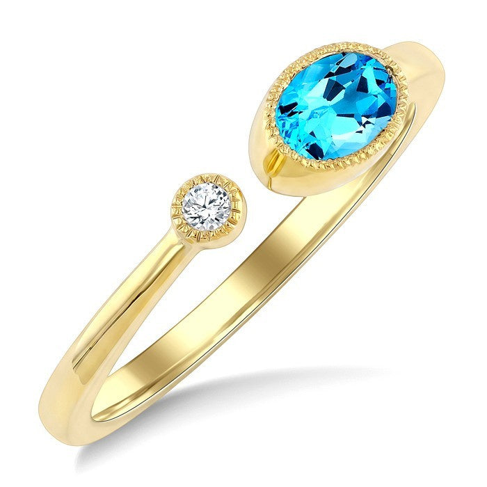 6X4 MM Oval Cut Blue Topaz and 1/50 Ctw Round Cut Diamond Semi-Precious Open Ring in 10K Yellow Gold