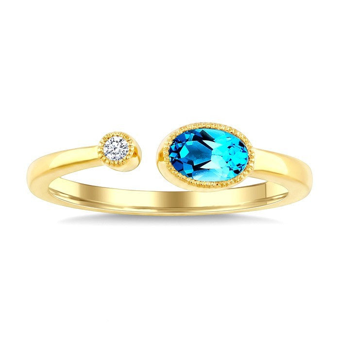 6X4 MM Oval Cut Blue Topaz and 1/50 Ctw Round Cut Diamond Semi-Precious Open Ring in 10K Yellow Gold