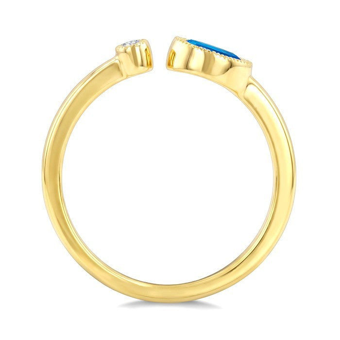 6X4 MM Oval Cut Blue Topaz and 1/50 Ctw Round Cut Diamond Semi-Precious Open Ring in 10K Yellow Gold