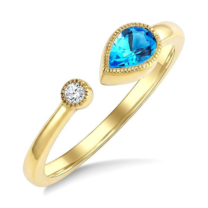 6X4 MM Pear Cut Blue Topaz and 1/50 Ctw Round Cut Diamond Semi-Precious Open Ring in 10K Yellow Gold