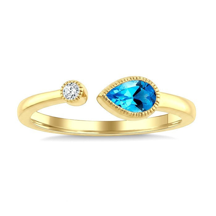 6X4 MM Pear Cut Blue Topaz and 1/50 Ctw Round Cut Diamond Semi-Precious Open Ring in 10K Yellow Gold