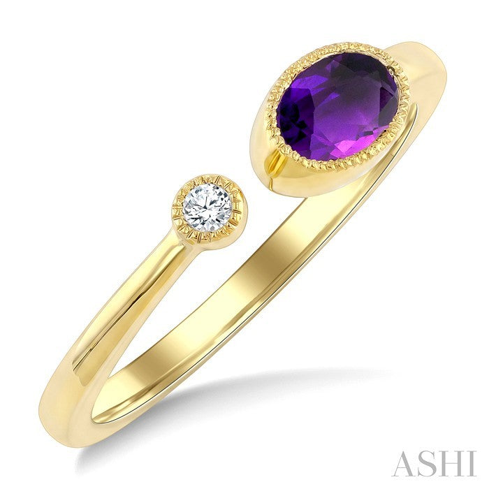 6X4 MM Oval Cut Amethyst and 1/50 Ctw Round Cut Diamond Semi-Precious Open Ring in 10K Yellow Gold