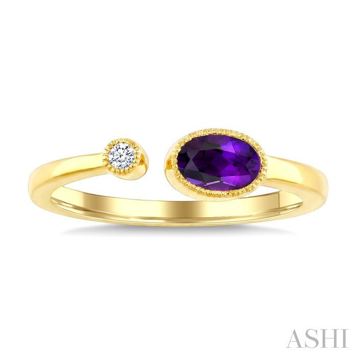 6X4 MM Oval Cut Amethyst and 1/50 Ctw Round Cut Diamond Semi-Precious Open Ring in 10K Yellow Gold