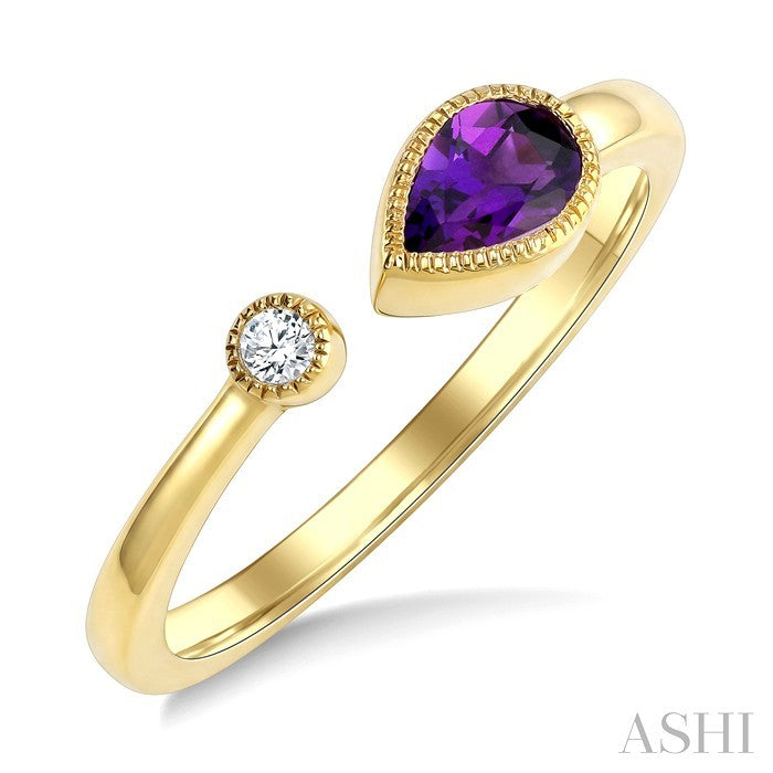 6X4 MM Pear Cut Amethyst and 1/50 Ctw Round Cut Diamond Semi-Precious Open Ring in 10K Yellow Gold