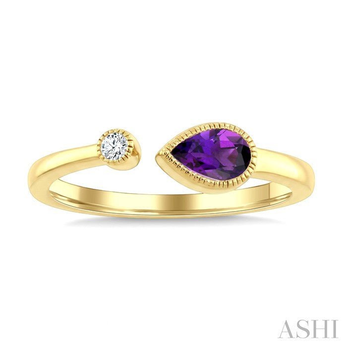6X4 MM Pear Cut Amethyst and 1/50 Ctw Round Cut Diamond Semi-Precious Open Ring in 10K Yellow Gold