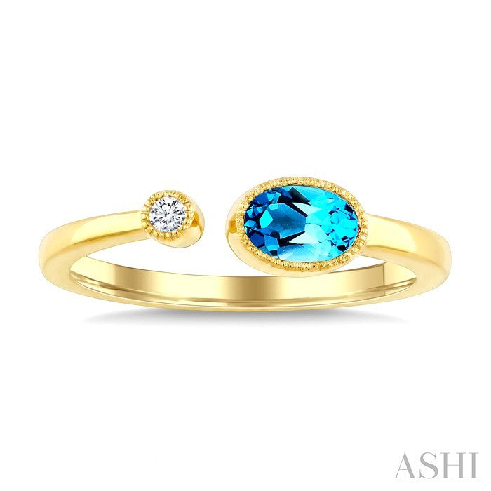 6X4 MM Oval Cut Blue Topaz and 1/50 Ctw Round Cut Diamond Semi-Precious Open Ring in 10K Yellow Gold