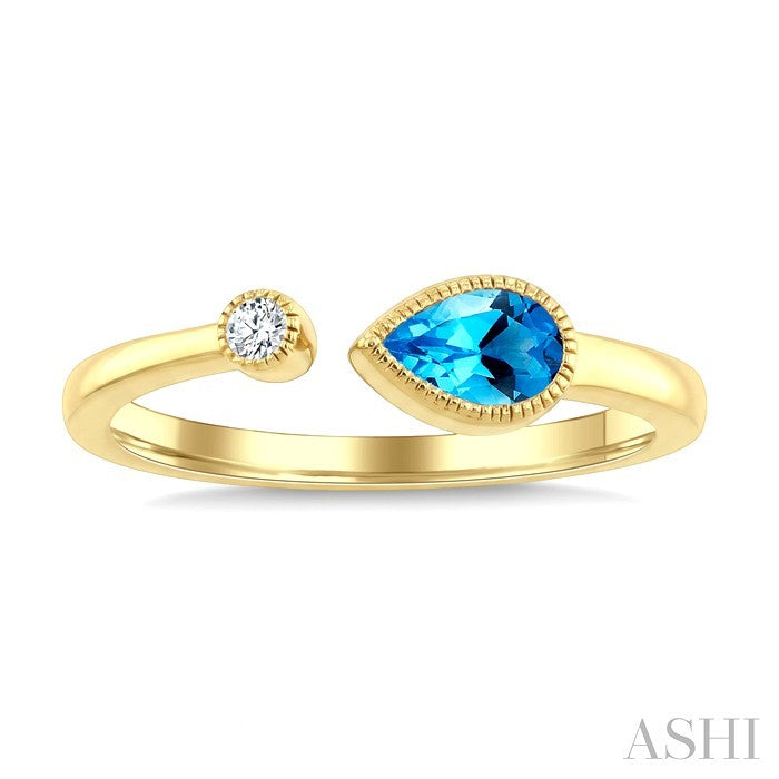 6X4 MM Pear Cut Blue Topaz and 1/50 Ctw Round Cut Diamond Semi-Precious Open Ring in 10K Yellow Gold