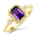 7X5 MM Octagon Cut Amethyst and 1/20 Ctw Round Cut Diamond Semi-Precious Beaded Ring in 10K Yellow Gold