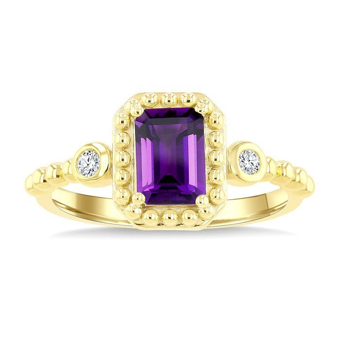 7X5 MM Octagon Cut Amethyst and 1/20 Ctw Round Cut Diamond Semi-Precious Beaded Ring in 10K Yellow Gold