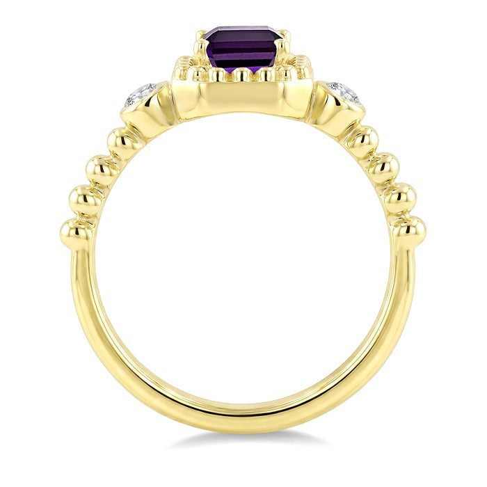 7X5 MM Octagon Cut Amethyst and 1/20 Ctw Round Cut Diamond Semi-Precious Beaded Ring in 10K Yellow Gold