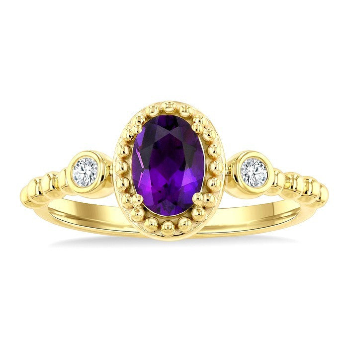 7X5 MM Oval Cut Amethyst and 1/20 Ctw Round Cut Diamond Semi-Precious Beaded Ring in 10K Yellow Gold