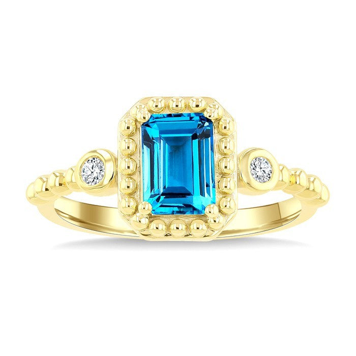 7X5 MM Octagon Cut Blue Topaz and 1/20 Ctw Round Cut Diamond Semi-Precious Beaded Ring in 10K Yellow Gold