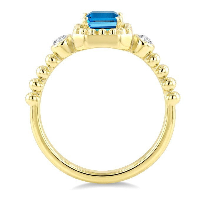 7X5 MM Octagon Cut Blue Topaz and 1/20 Ctw Round Cut Diamond Semi-Precious Beaded Ring in 10K Yellow Gold