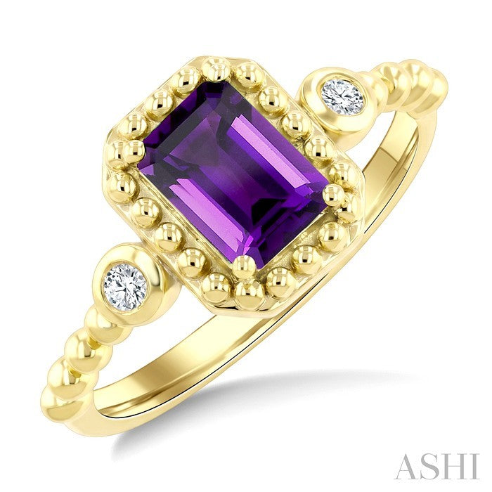 7X5 MM Octagon Cut Amethyst and 1/20 Ctw Round Cut Diamond Semi-Precious Beaded Ring in 10K Yellow Gold