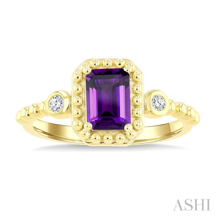 7X5 MM Octagon Cut Amethyst and 1/20 Ctw Round Cut Diamond Semi-Precious Beaded Ring in 10K Yellow Gold