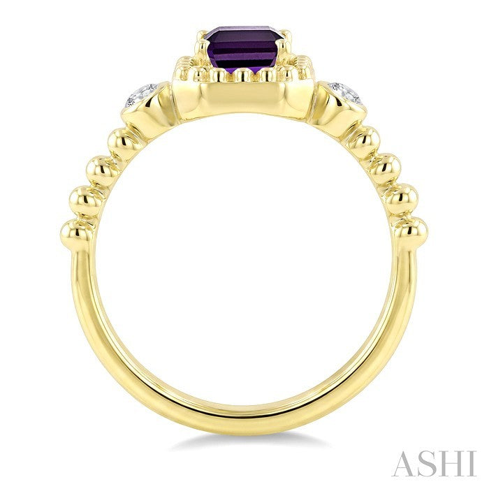 7X5 MM Octagon Cut Amethyst and 1/20 Ctw Round Cut Diamond Semi-Precious Beaded Ring in 10K Yellow Gold