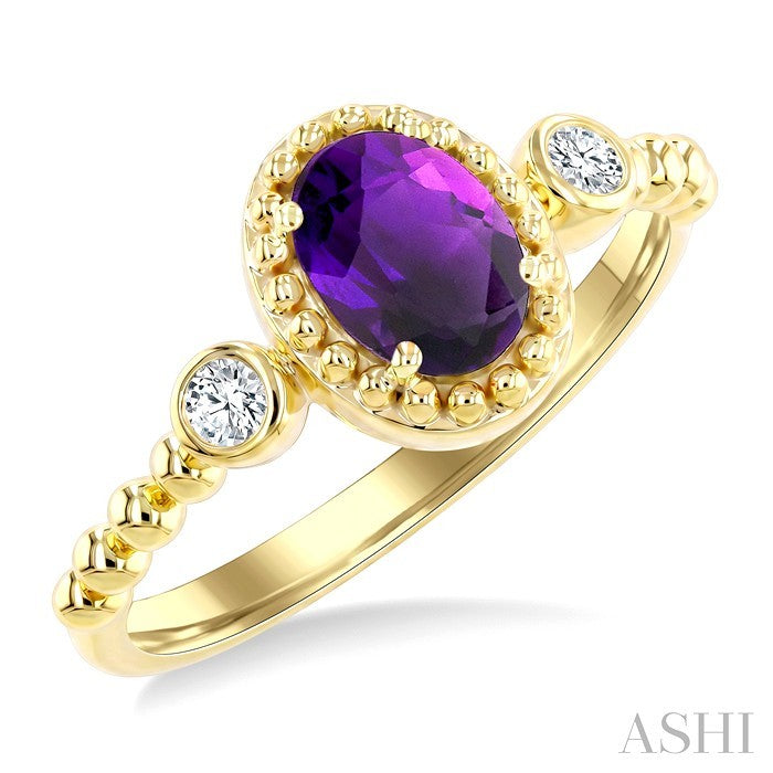 7X5 MM Oval Cut Amethyst and 1/20 Ctw Round Cut Diamond Semi-Precious Beaded Ring in 10K Yellow Gold