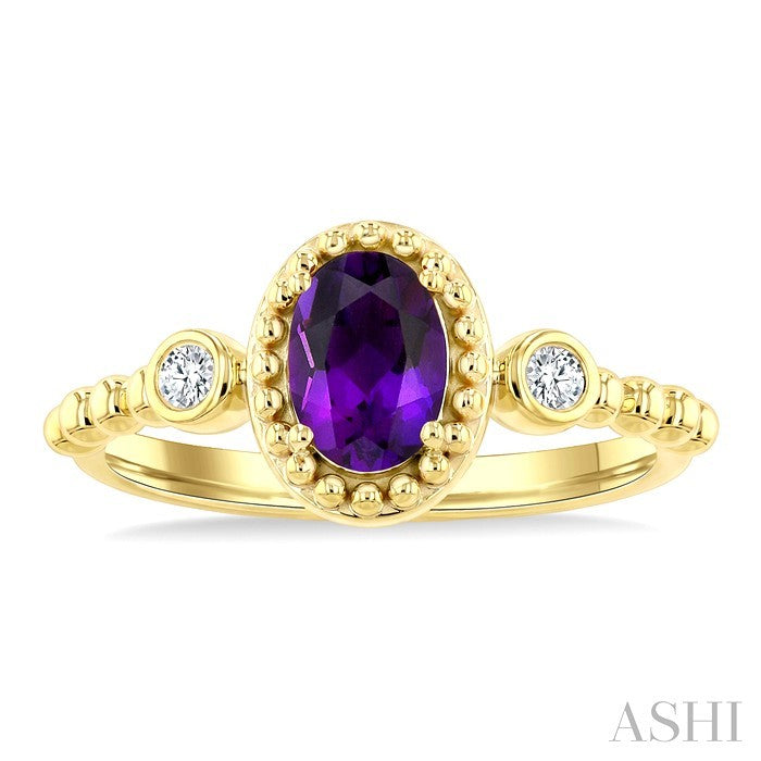 7X5 MM Oval Cut Amethyst and 1/20 Ctw Round Cut Diamond Semi-Precious Beaded Ring in 10K Yellow Gold