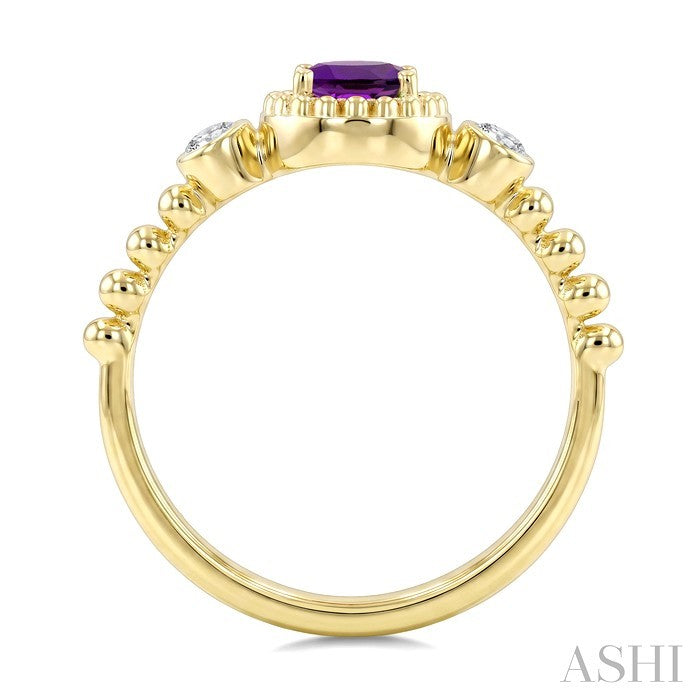 7X5 MM Oval Cut Amethyst and 1/20 Ctw Round Cut Diamond Semi-Precious Beaded Ring in 10K Yellow Gold