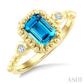7X5 MM Octagon Cut Blue Topaz and 1/20 Ctw Round Cut Diamond Semi-Precious Beaded Ring in 10K Yellow Gold