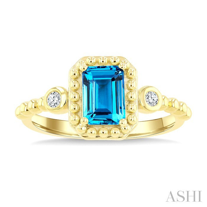 7X5 MM Octagon Cut Blue Topaz and 1/20 Ctw Round Cut Diamond Semi-Precious Beaded Ring in 10K Yellow Gold