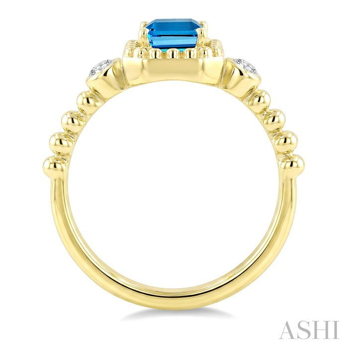7X5 MM Octagon Cut Blue Topaz and 1/20 Ctw Round Cut Diamond Semi-Precious Beaded Ring in 10K Yellow Gold