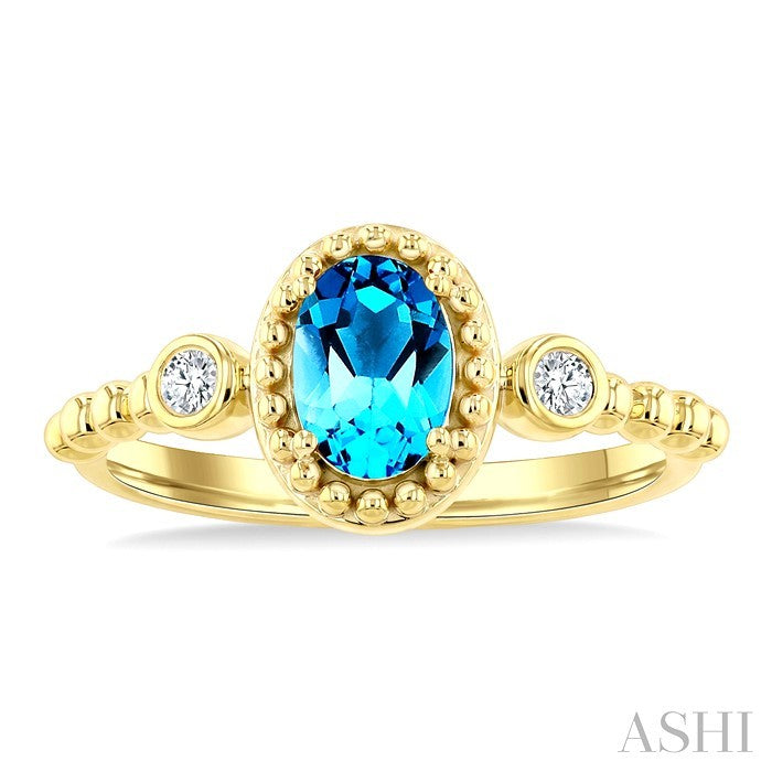 7X5 MM Oval Cut Blue Topaz and 1/20 Ctw Round Cut Diamond Semi-Precious Beaded Ring in 10K Yellow Gold