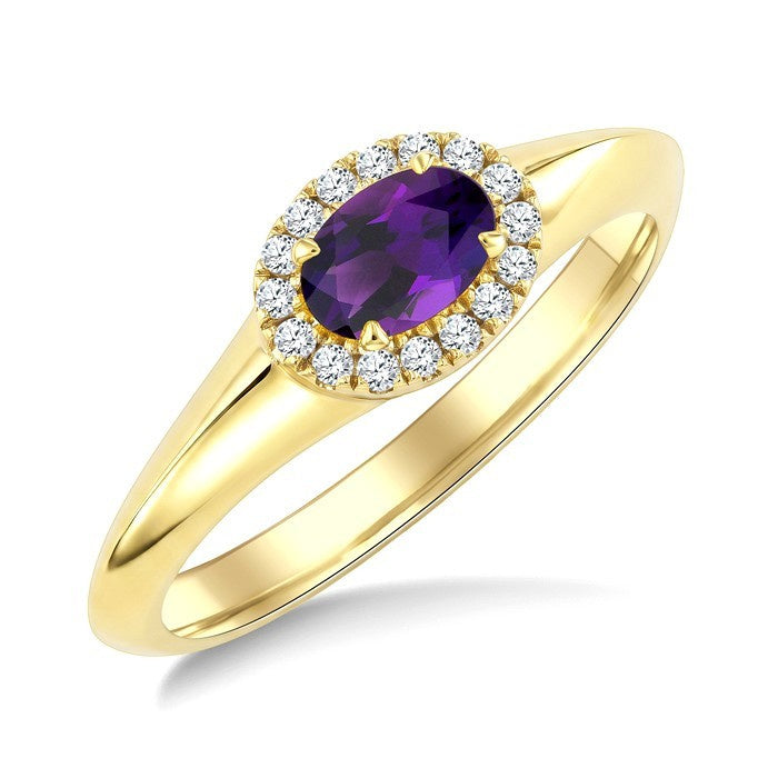 6X4 MM Oval Cut Amethyst and 1/8 Ctw Round Cut Diamond Semi-Precious Halo Ring in 10K Yellow Gold