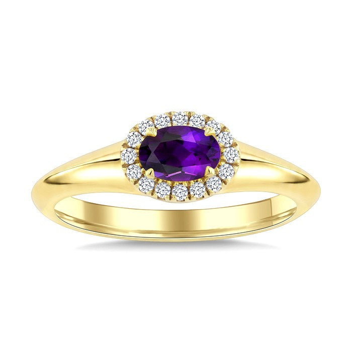 6X4 MM Oval Cut Amethyst and 1/8 Ctw Round Cut Diamond Semi-Precious Halo Ring in 10K Yellow Gold