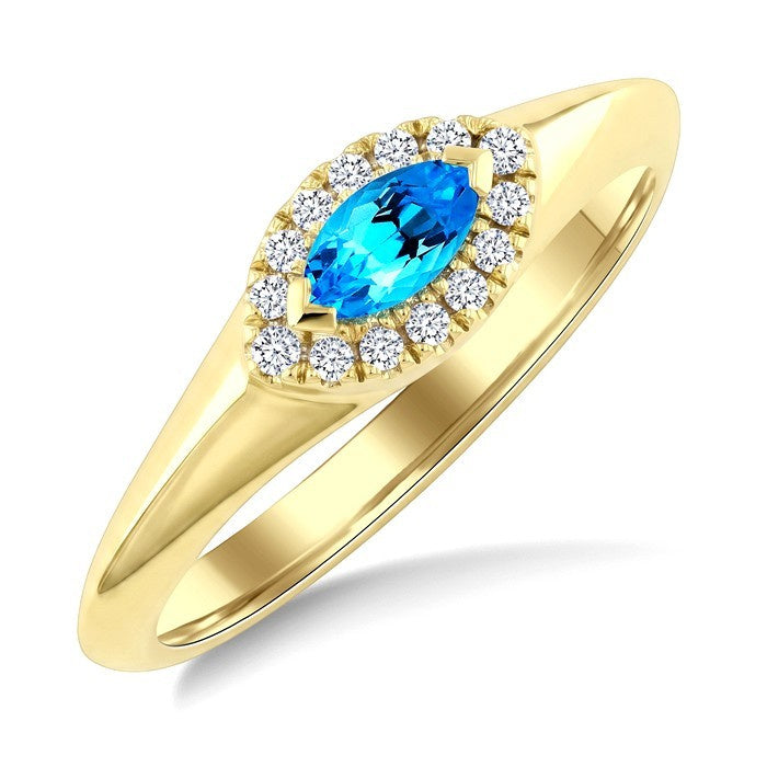 6X3 MM Marquise Shape Blue Topaz and 1/10 Ctw Round Cut Diamond Semi-Precious Ring in 10K Yellow Gold
