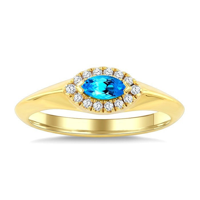 6X3 MM Marquise Shape Blue Topaz and 1/10 Ctw Round Cut Diamond Semi-Precious Ring in 10K Yellow Gold