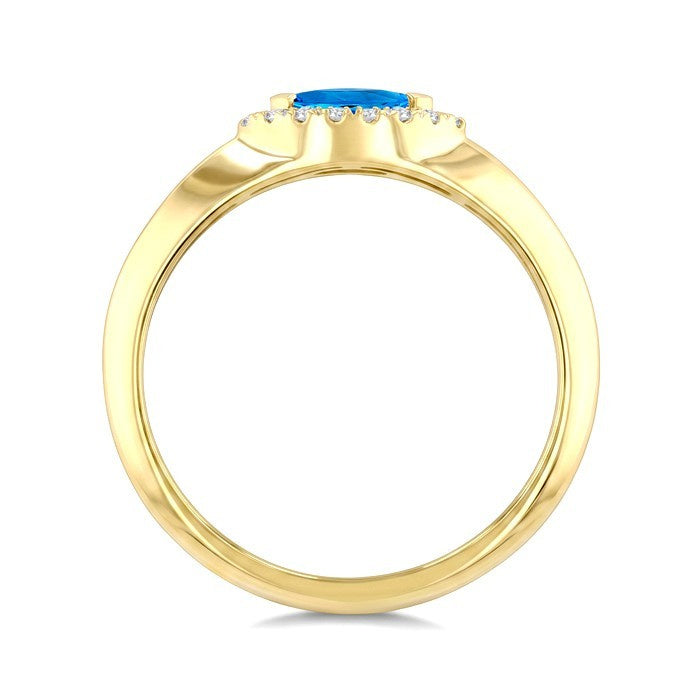 6X3 MM Marquise Shape Blue Topaz and 1/10 Ctw Round Cut Diamond Semi-Precious Ring in 10K Yellow Gold