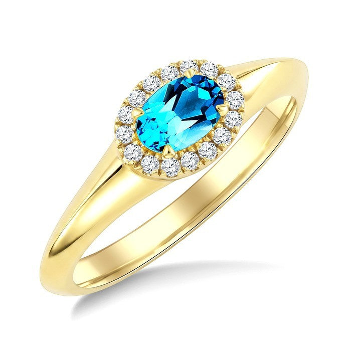 6X4 MM Oval Cut Blue Topaz and 1/8 Ctw Round Cut Diamond Semi-Precious Halo Ring in 10K Yellow Gold
