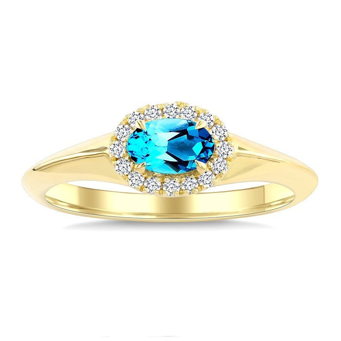 6X4 MM Oval Cut Blue Topaz and 1/8 Ctw Round Cut Diamond Semi-Precious Halo Ring in 10K Yellow Gold