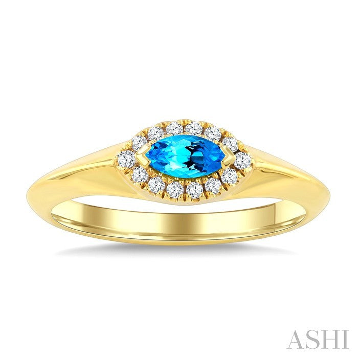 6X3 MM Marquise Shape Blue Topaz and 1/10 Ctw Round Cut Diamond Semi-Precious Ring in 10K Yellow Gold