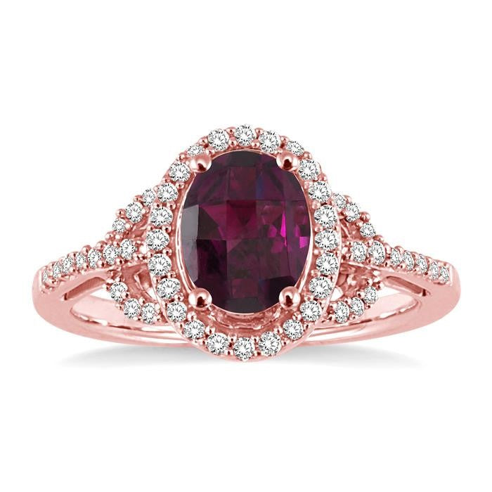 8x6MM Oval Cut Rhodolite Garnet and 1/3 Ctw Round Cut Diamond Ring in 14K Rose Gold