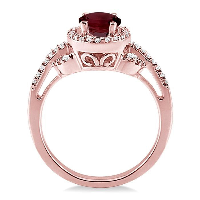 8x6MM Oval Cut Rhodolite Garnet and 1/3 Ctw Round Cut Diamond Ring in 14K Rose Gold