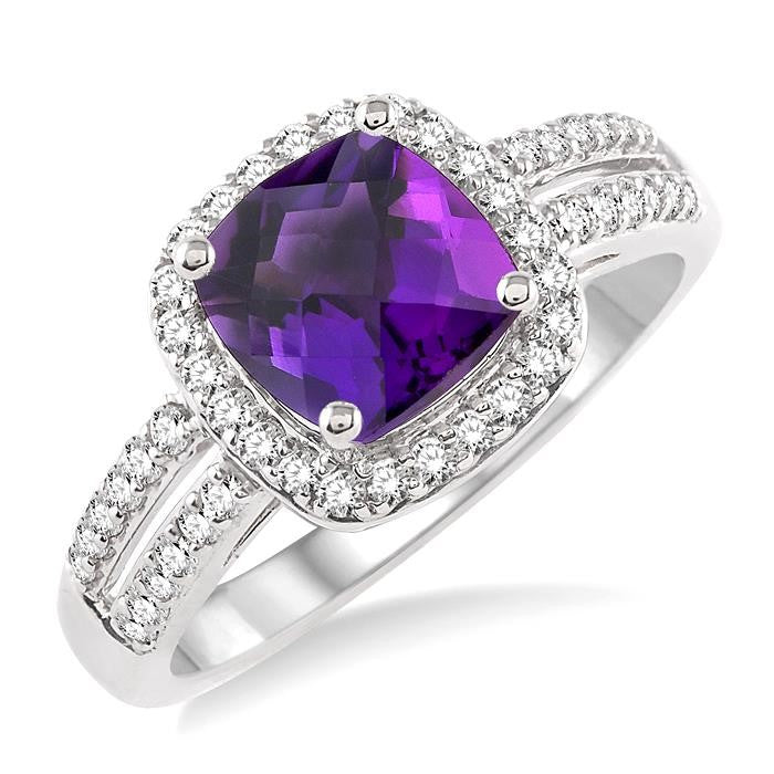 7x7 MM Cushion Shape Amethyst and 1/3 Ctw Round Cut Diamond Ring in 14K White Gold