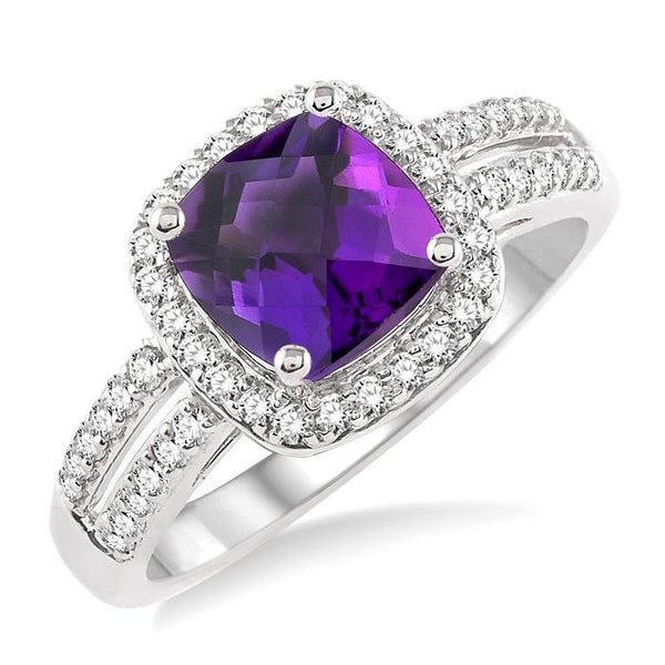 7x7 MM Cushion Shape Amethyst and 1/3 Ctw Round Cut Diamond Ring in 14K White Gold
