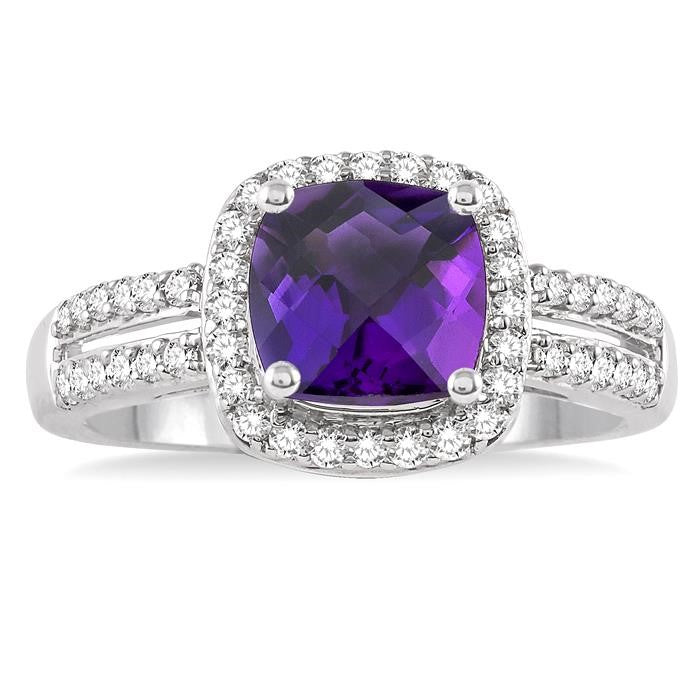 7x7 MM Cushion Shape Amethyst and 1/3 Ctw Round Cut Diamond Ring in 14K White Gold